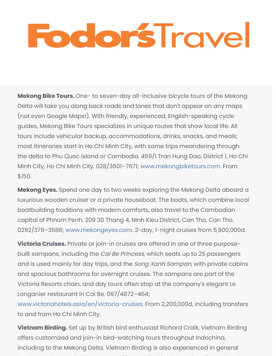 Mekong Bike Tours listed on the Fodors Travel Guide in 2012